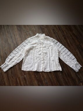 Womens Romantic Top Wedding White Cottagecore Lace Pearl Button Up Blouse 3XL